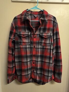 Eddie Bauer Fleece Shacket Men M Red Grey Plaid Streetwear Gorpcore Shirt Jacket